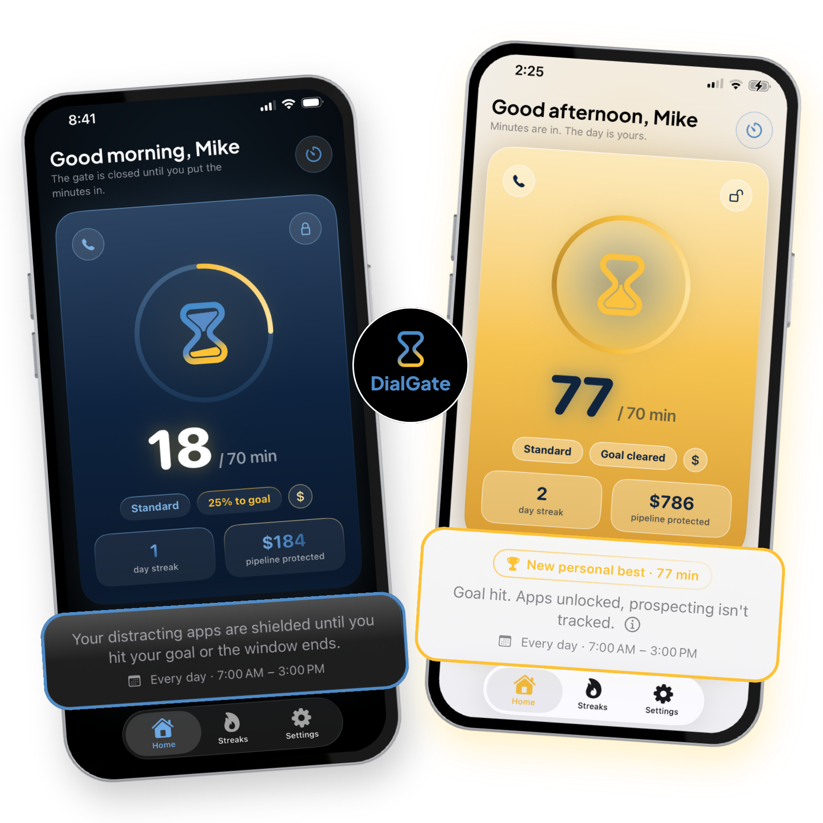 DialGate app showing locked and unlocked phone screens