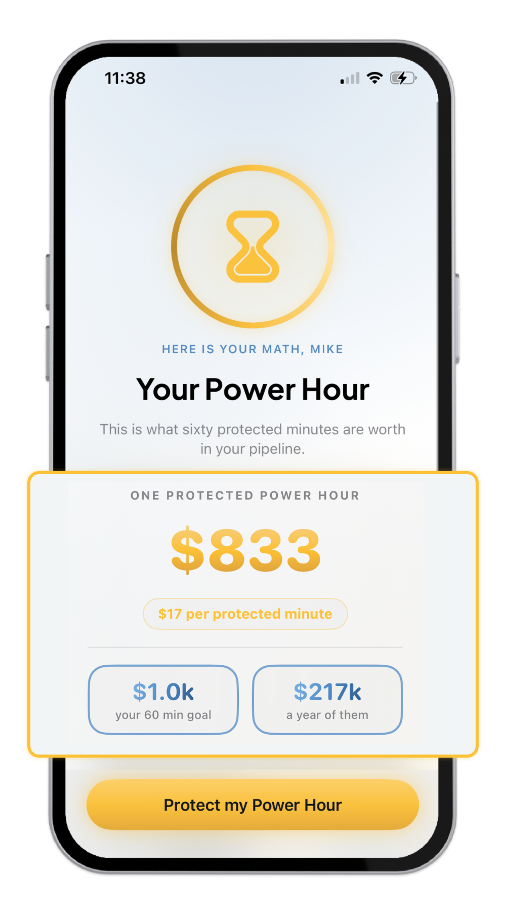DialGate screen showing hourly value calculation